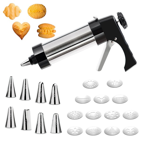 Biscuit Press Cookie Cutter Stainless Steel Biscuit Gun Professional Cookie Press Gun Biscuit Maker Sweet Syringe with 13 Biscuit Discs 8 Nozzles