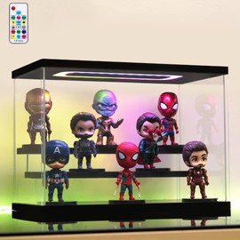 Clear Acrylic Display Case with Light , 3 Tier Multiple Color Lights Display Box Stand Assembly Dustproof Protection Showcase for Collectibles Action Figures (Black 12.6×7×9in)
