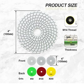 SANLEETEK Wet Diamond Polishing Discs - Diamond Polishing Pad 6 Pieces 100 mm Grit 50 x 3/100 x 2/200 with M14 Support Plate + Adapter for Granite Marble Artificial Stone Quartz for Angle Grinder