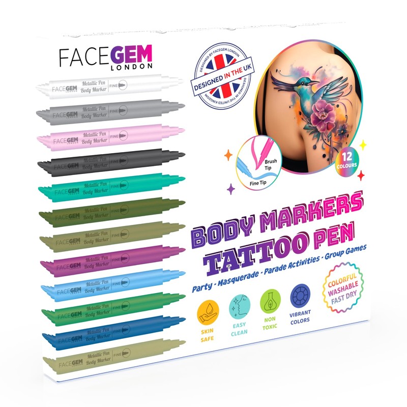 12 Metallic Temporary Tattoo Markers for Skin – Create Temporary