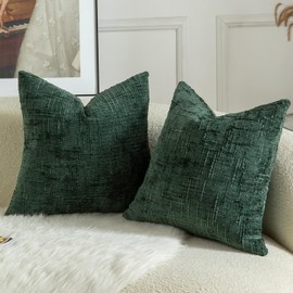 MANDIOO Pack of 2 Soft Chenille Textured Throw Pillow Covers Square Accent Solid Decorative Cushion Cover Cozy Farmhouse Pillow Case for Couch Sofa Bed Living Room 18x18 Inch Dark Green