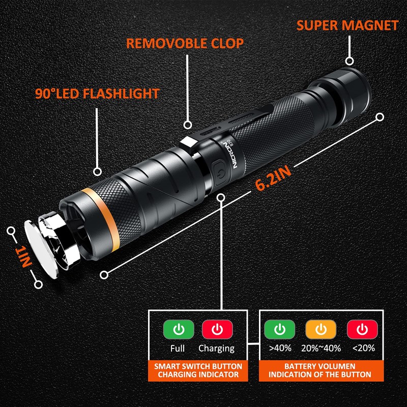 NICRON Flashlights,Rechargeable Magnetic LED Flashlights,1200 High lumens Tactical Flashlight,White/Red/Green Lights