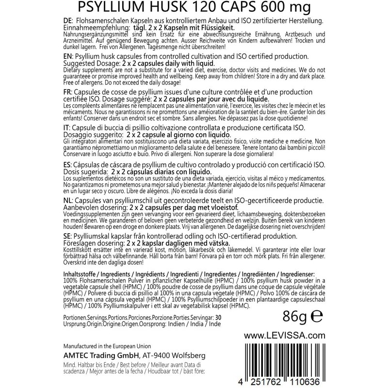 Psyllium Husk Capsules 100% Psyllium Husk Powder - Intestinal Digestion