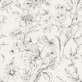 Hopepak Black and Cream White Wallpaper Floral Peel and Stick Wallpaper 17.3''x78.7'' Self Adhesive Removable Vintage Wall Paper for Bedroom Flower Boho Contact Paper for Cabinets Drawers Vinyl