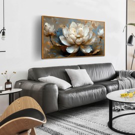 aburaeart Lotus Canvas Wall Art for Living Room - White Flower Painting Wall Art for Bedroom - Modern Framed Wall Art Size 24" x 48"