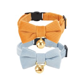 Petiry 2 Pack Soft Corduroy Cat Collar, Plaid Pattern, with Bell and Bowtie, Safety Breakaway Clasp, Adjustable for and Cats.(Adult Cat, Orange+Blue)