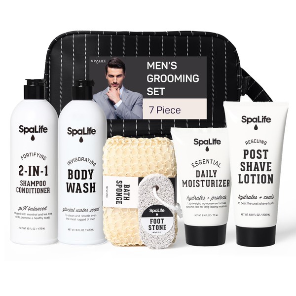 SpaLife 7-Piece Bath and Body Men Grooming Gift Set - 2-in-1 Shampoo & Conditioner, Body Wash, Daily Moisturizer, Post-Shave Lotion, Bath Sponge & Foot Stone for Luxurious At-Home Spa