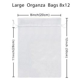 Jexila 50 Pack White Organza Bags 8X12 inch Large Mesh Gift Drawstring Pouch Goodie Bags for Party Christmas Wedding Party Favor Bags (White)