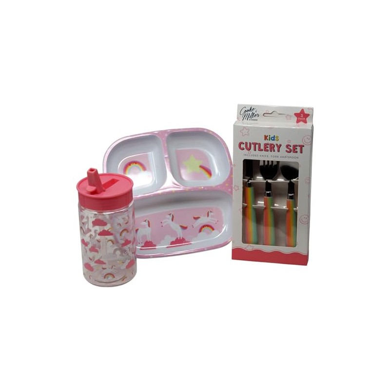 Kids Unicorn Dinner Set - Divided Plate Cup and Metal