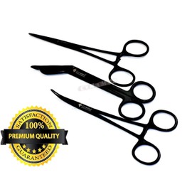 Premium LISTER BANDAGE SCISSORS + HEMOSTAT BLACK FLUORIDE COATED 5.5 inch LISTER BANDAGE SCISSORS 5.5" + HEMOSTAT 5.5 inch CVD and STR FLUORIDE BLACK SET OF 3