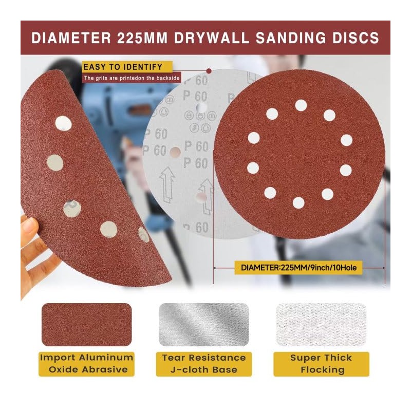 STEBRUAM 30 Pcs 225mm Sanding Discs Grit P150 10 hole