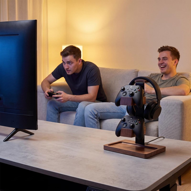Hooshion Wood Controller Holder, Headphone Stand, Multiple Controller Storage Dispay,