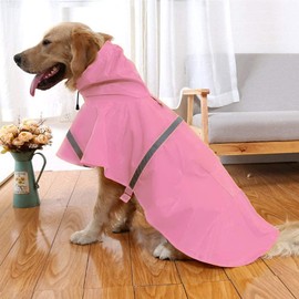 Mikayoo Large Dog Raincoat Ajustable Pet Waterproof Clothes Lightweight Rain Jacket Poncho Hoodies with Strip Reflective(Pink,L)