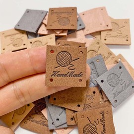 Borsgye Pack of 40 Handmade Leather Labels Tags Hand Made Label for Sewing Handmade Clothing Sewing Labels PU Label Patches with Holes for Jeans Sewing Crafts Clothing - Square - 5678