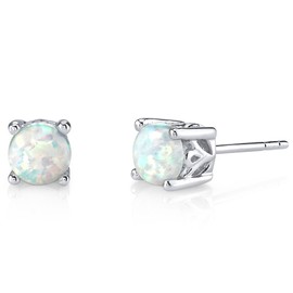 Peora Created White Opal Stud Earrings 925 Sterling Silver, Hypoallergenic Gallery Solitaire, 1.50 Carats total, Round Shape, Friction Backs, October Birthstone Earrings, Dainty, Iridescent Earrings