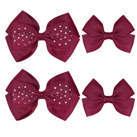 IKOLA 4PCS Hair Bow Clip Set – Sparkly Rhinestone Hair Clips & Grosgrain Ribbon Hair Bows for Girls & Women Handmade Hair Accessory for Christmas Parties, Birthday & Everyday Styling, Dark Red