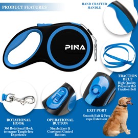 PINA Retractable Dog Leash, 16ft Dog Leash for Small Medium Dogs Up to 44lbs, 360° Tangle-Free Strong Reflective Nylon Tape, with Anti-Slip Handle, One-Handed Brake, Lock - Black Blue