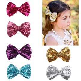 6Pcs 4 Inch Sequin Hair Bow Clips Sparkle Glitter Sequins Bows Alligator Clip Boutique Hair Clip Hair Pins Hair Accessory for Baby Girls Kids Children (Random Color)