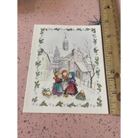 Vtg Christmas Card UNUSED Girls In Village Liese Lotte Fabig Caspari Pine