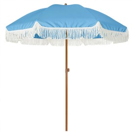 AMMSUN 7ft Patio Umbrella with Fringe Outdoor Tassel Umbrella UPF50+ Premium Steel Pole and Ribs Push Button Tilt, Sky Blue