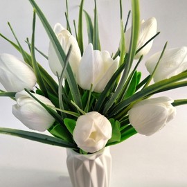 Multicolor Tulips Artificial Flowers and Grass Stems Real Feel PU Tulips Wedding Bouquet Centerpiece Floral Arrangement Girl Room Decor (White)