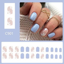 Blue Press on Nails Short Square Fake Nails with White Flower Design Spring Stick on Nails Summer False Nails Full Cover Reusable Artificial Nails for Women Girls Manicure 24Pcs