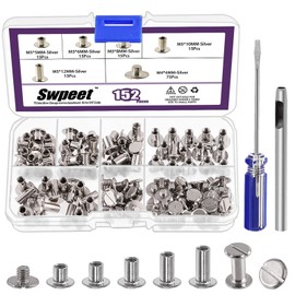 Swpeet 152 pieces M5 x 5 mm, 6 mm, 8 mm, 10 mm, 12 mm silver screws, leather rivets, assorted with hole punch and screwdriver, round flat head stud screw for DIY leather crafts and bookbinding