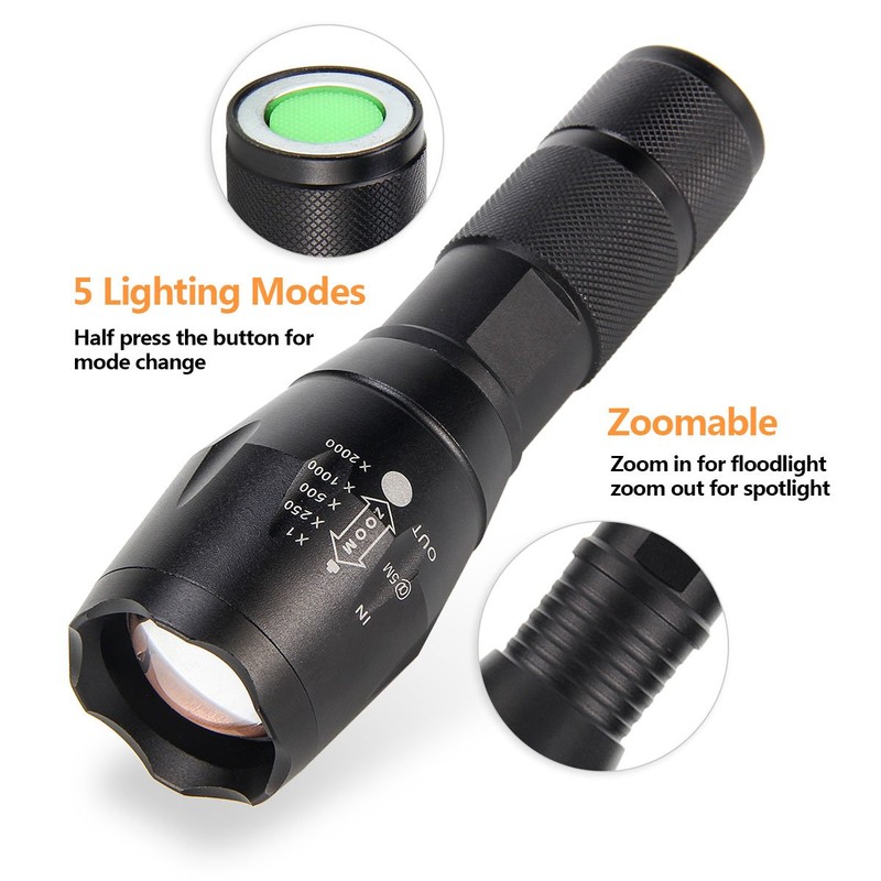 ULTRAFIRE A100 3-Color-Light Tactical 18650 Flashlight, xml-t6 800 Lumen Small