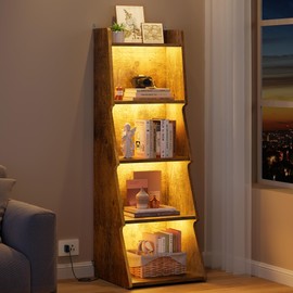 Hoctieon 5-Tier Tall Open Bookcase and Bookshelf with LED Light, Floor Standing Display Storage Shelves, Wood Modern Display Organizer for Home Office, Living Room, Bedroom, Study, Rustic Brown