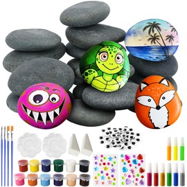 REJOECE 16 Pieces 3-5 cm Flat Stones for Painting Set with 12 Colours Stones Painting Set Children, Glow-in-the-Dark Paint, Pens, Creative Crafts for Children Adults Gifts Painting Set