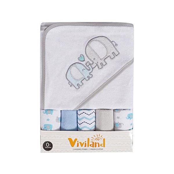 Viviland 6-Piece Bath Towel Set, 5 washcloths Baby Gift for Newborn Infants, 1 Baby Hooded Towels for Boys & Girls, Ultra Soft Absorbent Bath & face Towel (Elephant)