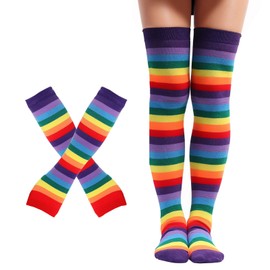 Nujvnuj Rainbow Striped Stockings Glove Set - Women Girls Carnival Christmas Party Prop Set, Purple