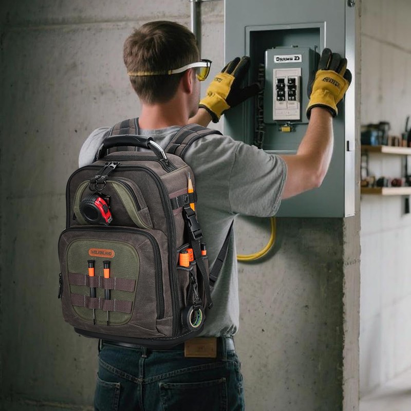 WELKINLAND 36-Pockets Electrician Backpack, Hard-Based HVAC Backpacks, Waxed-Canvas Technician Backpack,