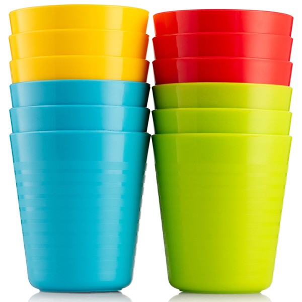 Plaskidy Kids Cups - Set of 12 Kids Plastic Cups - 8 oz Kids Drinking Cups -Plastic Cups Reusable - Dishwasher Safe - BPA-Free Cups for Kids & Toddlers Bright Colored - Unbreakable Toddler Cups