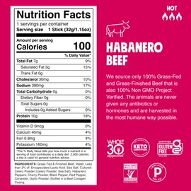 Chomps Grass-Fed and Finished Spicy Habanero Beef Jerky Snack Sticks 10-Pack - Keto, Paleo, Whole30, 10g Lean Meat Protein, Gluten-Free, Zero Sugar Food, Non-GMO