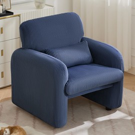 WUTUTUEE Corduroy Fabric Accent Chair, Modern Upholstered Living Room Chairs with Lumbar Pillow, Wide Comfy Leisure Armchair for Bedroom, Office, Reading, Blue