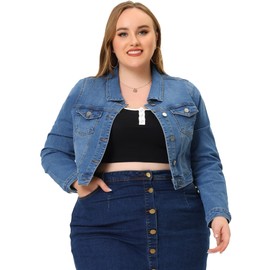 uxcell Women's Plus Size Button Closed Cropped Denim Jackets Stitching 2024 4X Denim Blue