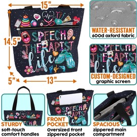 84hoods Large Tote Bag for Women. Aesthetic Shoulder Bag. Gift for Speech Therapist. Waterproof Travel, Work, Grocery Bag with Pockets and Zipper for Laptop. Speech Therapist Life.
