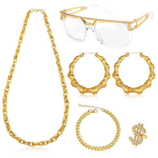 80s 90s Hip Hop Costumes Clothing Kit, 5 Pcs Rapper 90s Outfits Accessories for Men Women, Including Bamboo Earrings Dollar Sign Fake Gold Chain Bracelet Ring DJ Sunglasses (18K Gold)