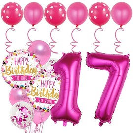 YFHVJTKO 17th Birthday Decorations - 16pc Set, Rose Red & Pink Balloons, Number 17, Happy Birthday, Confetti, Unisex Adults (17th Birthday)