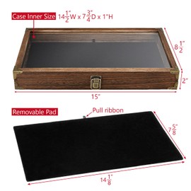 MOOCA Wood Glass Top Jewelry Display Case Wooden Jewelry Tray with Metal Clasp, Removable Black Luxurious MDF Velvet Jewelry Display Pad and Corner Protection, Brown Color