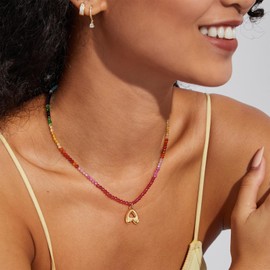 KissYan Beaded Initial Necklace for Women, 14K Gold Plated Bubble Letter Pendant Rainbow Gemstone Choker Colorful Summer Beach Jewelry(Gold Z)