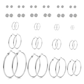 Spiritlele 24 Pairs Big Silver Hoop Earrings Crystal Stud Earrings Multipack for Women Girls 20-75mm Hoops