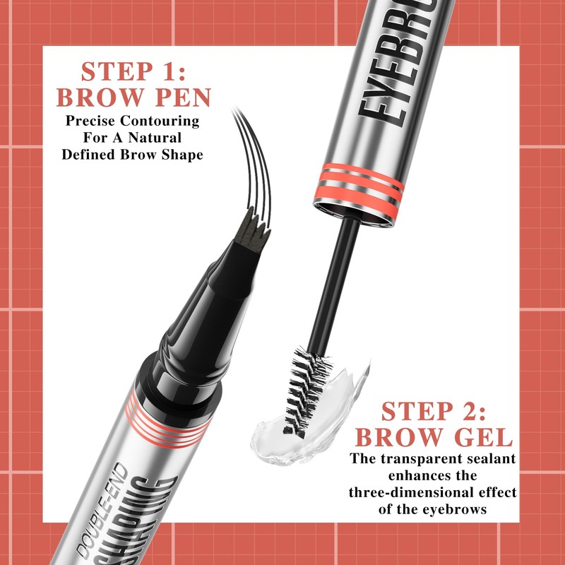 2-in-1 Eyebrow Pencil and Eyebrow Gel, Eyebrow Pencil with 4