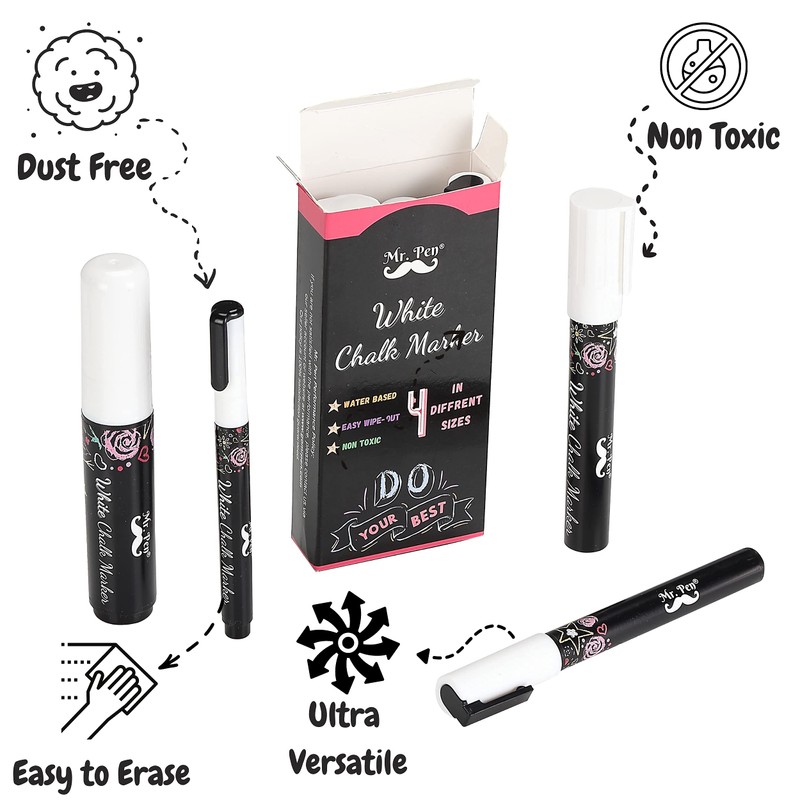 Mr. Pen- White Chalk Markers, 4 pcs, Assorted Size, Chalk