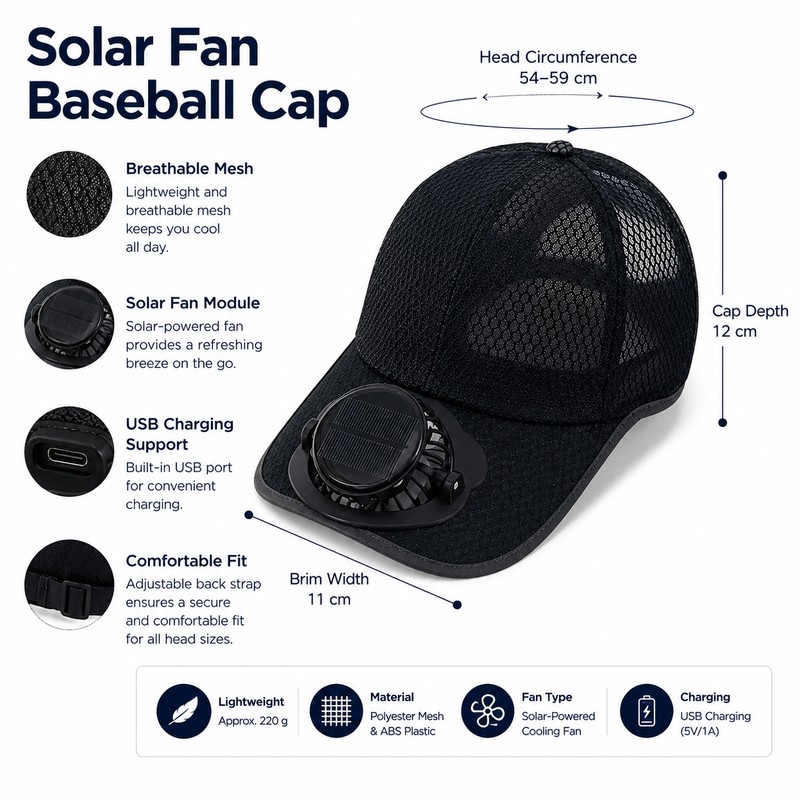 Solar Fan Baseball Cap for Outdoor Use – USB-Rechargeable Mesh