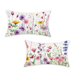 ONWAY Spring Lumbar Pillow Covers 12x20 Inch Floral Colorful Flowers Decorations Farmhouse Outdoor Living Room Cushion Case for Sofa Couch Home Bed Pack of 2 Purple