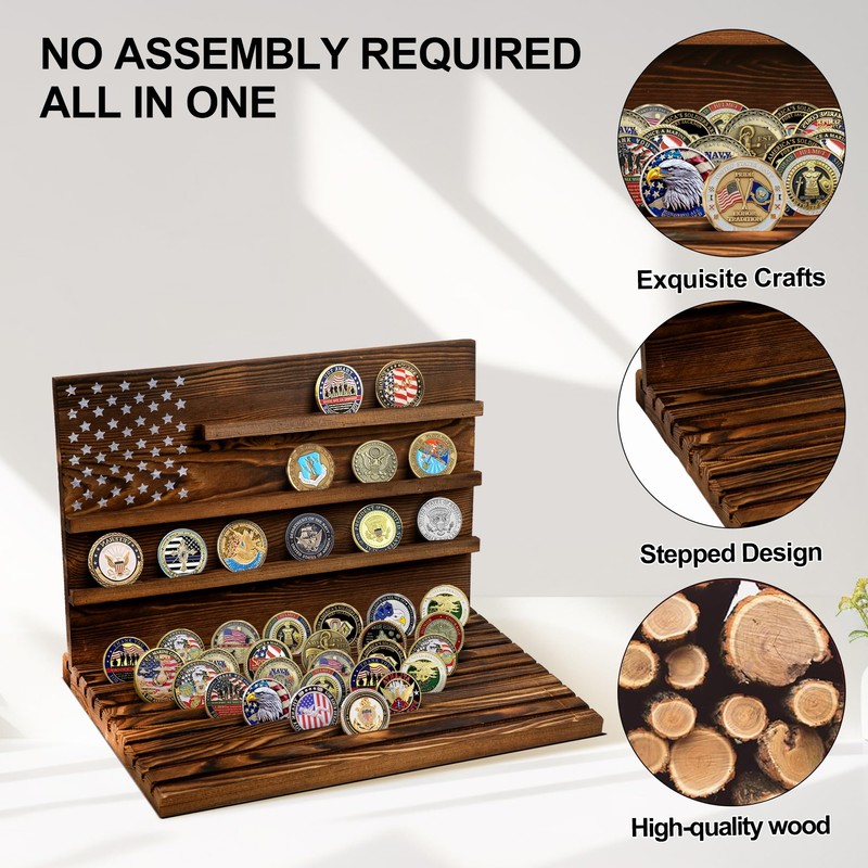 13-Row Challenge Coin Display, Solid Wood Military Coin Holder Display