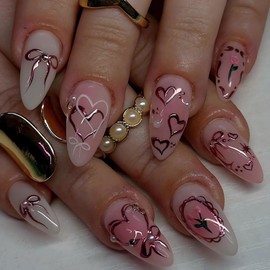 Valentines Day Press on Nails Medium Almond Fake Nails Bow Heart Glue on Nails Glossy Acrylic Nails with Pearl Rhinestone Cute Stick on Nails Valentines False Nails Full Cover Press on Nails for Women