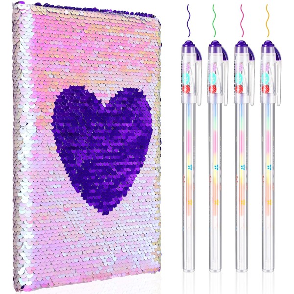 Outus Sequin Notebook Set with 4 Pieces Color Gel Ink Pens Reversible Diary Flip Sequin Journal Writing Journal Set for Valentine's Day Teens Young Girls (Purple Pink)